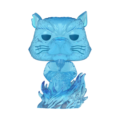 Figura Funko Pop felino azul translúcido com chamas na base