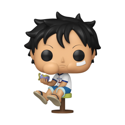 Figura Funko Pop personagem com cabelo preto sentado num banco a comer, com t-shirt branca ANCHOR e calções azuis