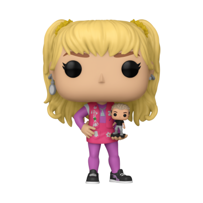 Figura Funko Pop de personagem feminina loira com roupa rosa-lilás segurando figura masculina pequena
