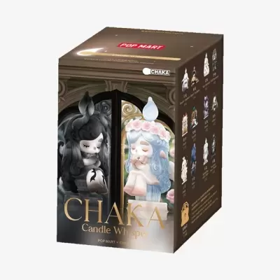 Caixa do produto POP MART figura colecionável CHAKA Candle Whisper com ilustrações das figuras em preto e branco e azul