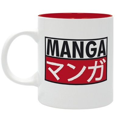 Caneca branca com interior vermelho e etiqueta com 'MANGA' e caracteres japoneses em preto e vermelho