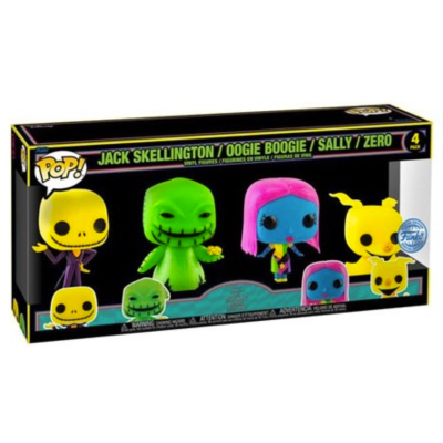 Pack de 4 figuras Funko Pop de Jack Skellington, Oogie Boogie, Sally e Zero em caixa preta.