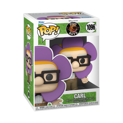 Figura Funko Pop vinil Carl do Dug Days Disney Pixar com fantasia de flor roxa na caixa