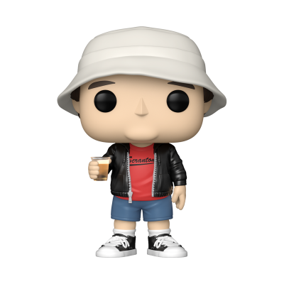 Funko Pop de personagem com chapéu branco, jaqueta preta e t-shirt vermelha segurando copo