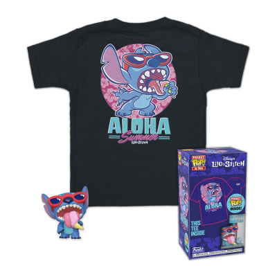 T-shirt preta com estampa personagem Stitch azul e óculos vermelhos, figura Funko Pop Stitch e caixa de embalagem colorida.
