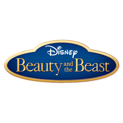 Logotipo Disney Beauty and the Beast em fundo azul com contorno dourado