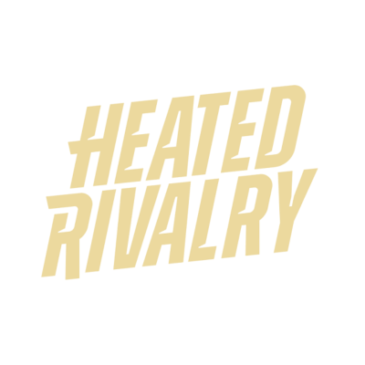 Texto amarelo HEATED RIVALRY em fundo branco