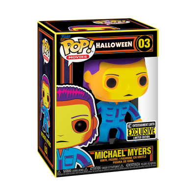 Boneco vinil Michael Myers Pop! Halloween 03 em caixa preta com detalhes amarelos e roxos