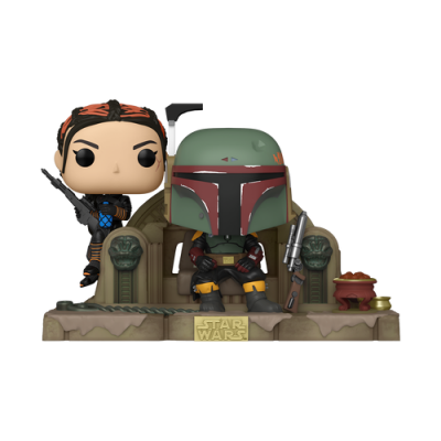Figuras Star Wars Boba Fett e personagem feminino em trono com base decorativa