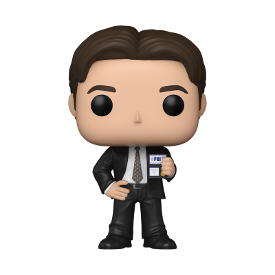 Figura Funko Pop com roupa formal preta e placa FBI