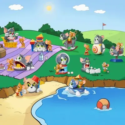 Brinquedos de Tom e Jerry em cenário de campo com lago e relva
