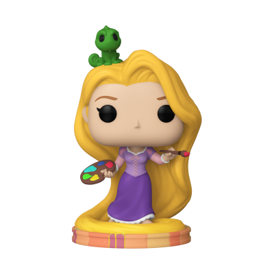 Figura Funko Pop de Rapunzel com paleta e pincel e camaleão verde no ombro