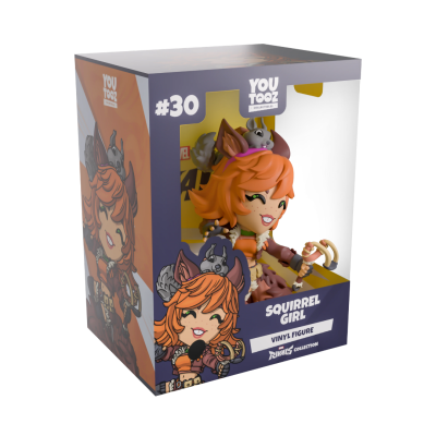 Figura em vinil Squirrel Girl com esquilo, embalada numa caixa azul e laranja