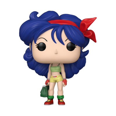 Figura Funko Pop com cabelo azul, faixa vermelha, roupa verde e amarela, e acessórios vermelhos e verdes