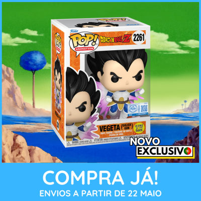 Figura Funko Pop! Vegeta Dragon Ball Z em embalagem colorida em fundo de cenário verde e azul