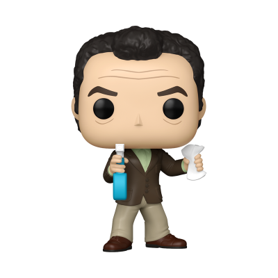 Figura colecionável Funko Pop de homem com casaco castanho e pulverizador azul