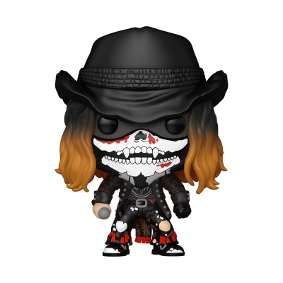 Figura Funko Pop com máscara de caveira e chapéu preto cowboy