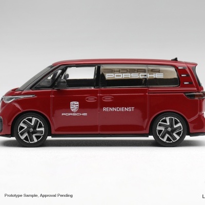 Miniatura de carrinha Porsche vermelha com logotipo e texto PORSCHE RENNDIENST