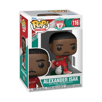 Figura Funko Pop de Alexander Isak do Liverpool com bola e embalagem colorida
