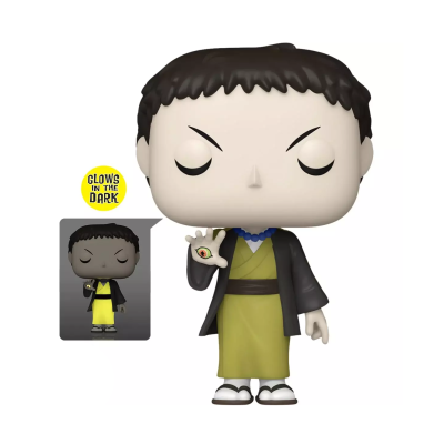 Figura Funko Pop de personagem com kimono verde e preto segurando mão com olho pintado