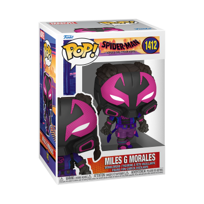 Figura Pop! Funko Miles G Morales Spider-Man preto rosa roxo na caixa número 1412