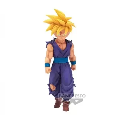 Figura de ação de personagem masculino de anime com cabelo amarelo e roupa azul roxa rasgada.
