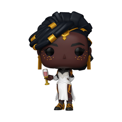 Funko Pop de personagem feminino com vestido branco e cabelo com detalhes dourados