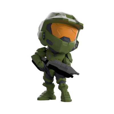 Figura de ação de soldado em armadura verde com viseira alaranjada