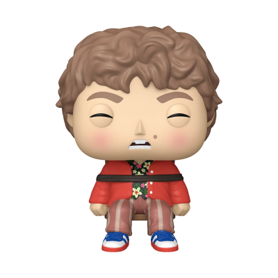 Boneco Funko Pop sentado com camisa vermelha e calças às riscas, amarrado com corda preta