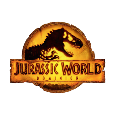 Logótipo Jurassic World Dominion com silhueta de dinossauro em tons castanho-amarelo