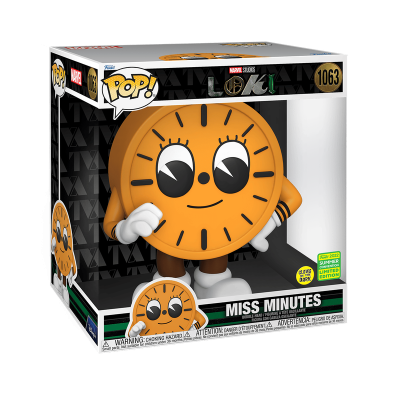 Figura colecionável da Miss Minutes, vinil laranja, olhos grandes, embalem preta com texto Loki 1063