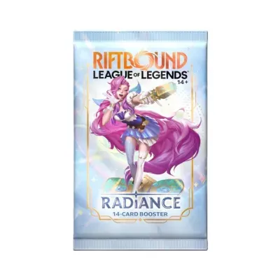 Pacote de cartas League of Legends Riftbound Radiance com personagem feminina rosa