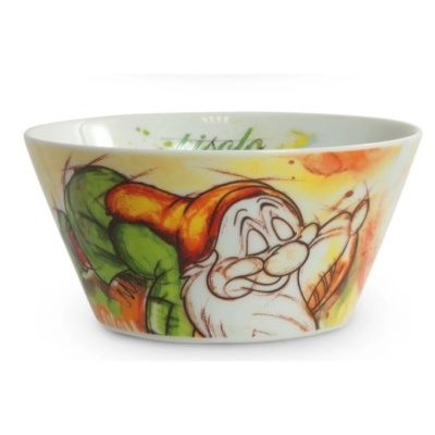 Taça em cerâmica branca com ilustração colorida de um anão da Disney