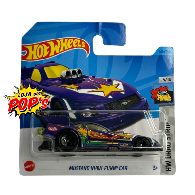 Carrinho Hot Wheels Mustang NHRA Funny Car em embalagem azul