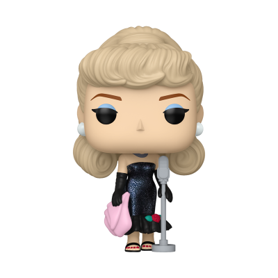 Figura Funko Pop de mulher loira com vestido preto cintilante e microfone