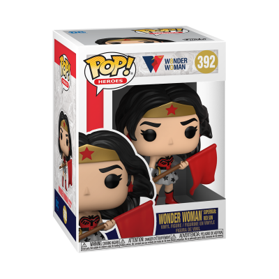 Figura Funko Pop! da Wonder Woman em caixa transparente com fundo branco e vermelho