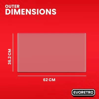 Dimensões externas de um retângulo cinza numa imagem vermelha com a marca EVORETRO.