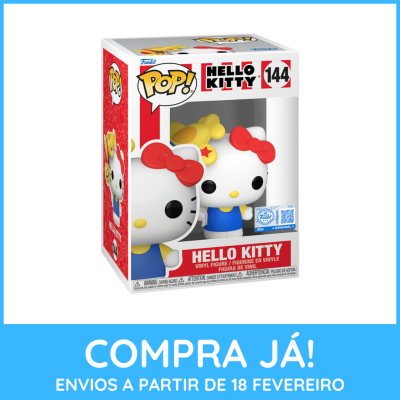 Figura Pop! vinil Hello Kitty 144 em caixa com texto COMPRA JÁ! ENVIOS A PARTIR DE 18 FEVEREIRO