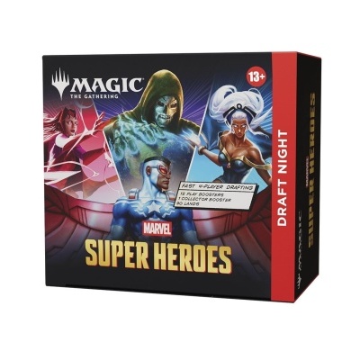 Caixa Magic The Gathering Marvel Super Heroes Draft Night com ilustrações de super-heróis e texto em inglês