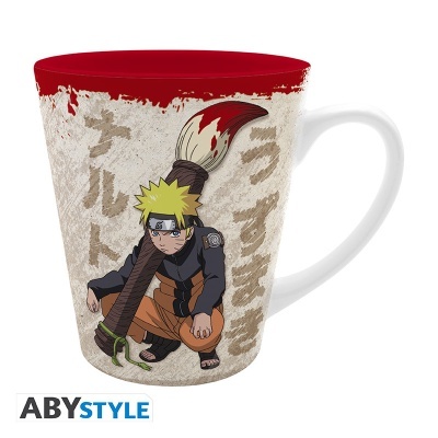 Caneca anime Naruto com grande pincel e texto japonês, interior vermelho