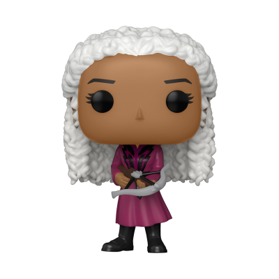 Figura Funko Pop feminina com cabelo branco encaracolado, casaco rosa e adaga curva prateada
