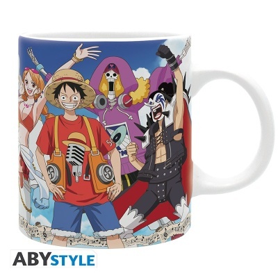 Caneca branca com ilustração colorida de personagens animados e logo ABYSTYLE
