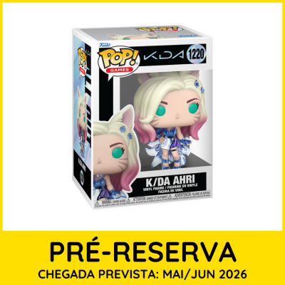 Figura Funko Pop! K/DA Ahri com embalagem e texto de pré-reserva em fundo amarelo.