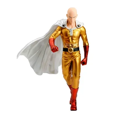 Estatueta de personagem de ação com fato dourado, luvas e botas vermelhas, e capa branca
