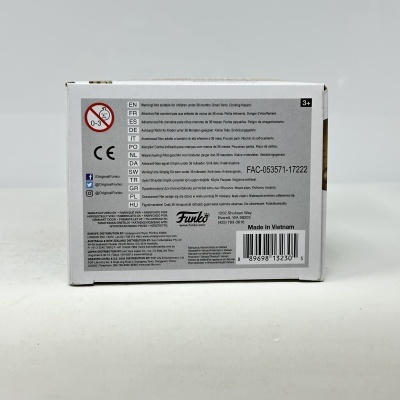 Caixa branca com texto multilíngue, aviso crianças, logótipo Funko e código de barras