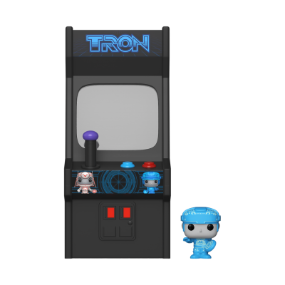 Miniatura de máquina arcade Tron com figuras azuis e cinzentas
