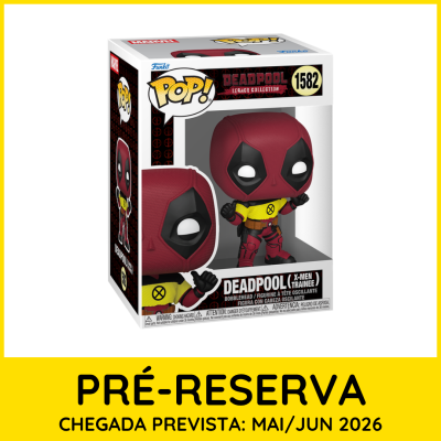 Figura Funko Pop! Deadpool X-Men Trainee em caixa com janela, cores vermelho, amarelo e preto.