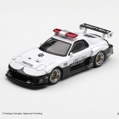 Miniatura de carro de polícia Mazda preto e branco com luz vermelha e texto Liberty Walk
