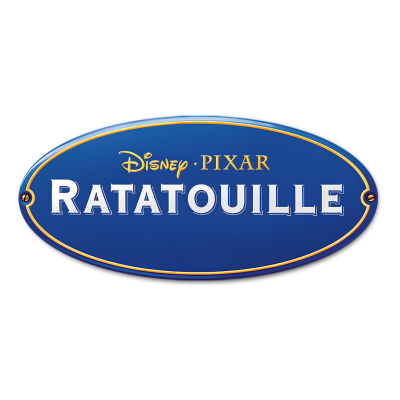 Placa azul oval com texto RATATOUILLE e logos Disney e PIXAR