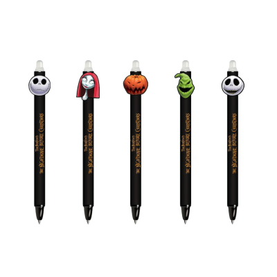 Conjunto de canetas pretas com personagens da animação The Nightmare Before Christmas no topo
